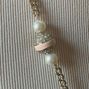 J. Crew Goldtone Faux Pearl Crystal Pink Enamel Long Necklace Retro Glam Regal